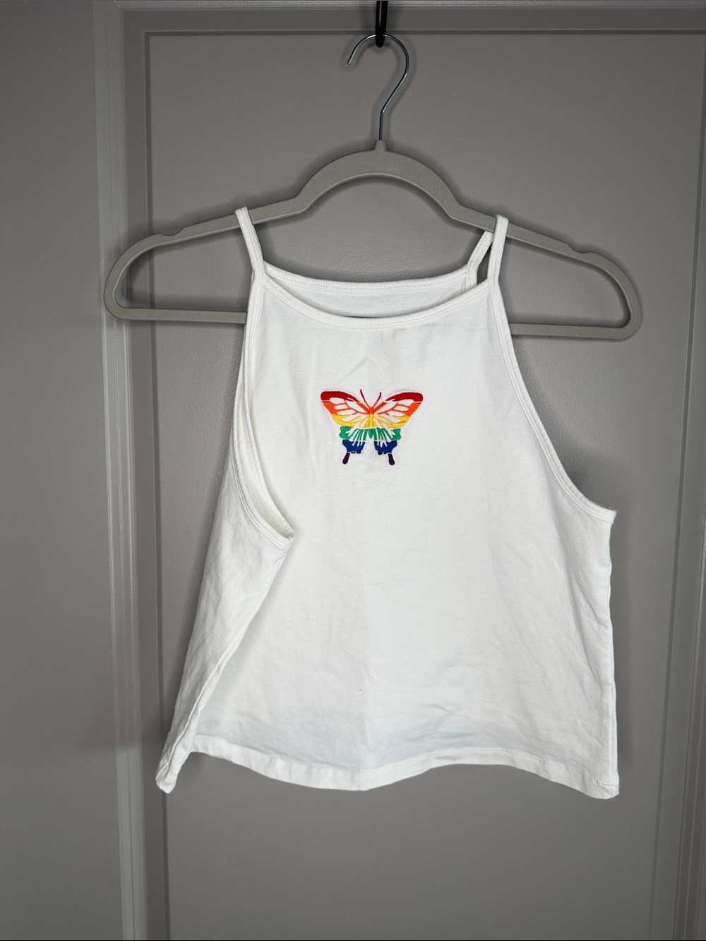 torrid White Halter Tank with Rainbow Butterfly Patch